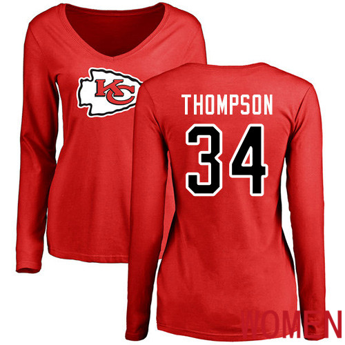 Women Football Kansas City Chiefs #34 Thompson Darwin Red Name and Number Logo Slim Fit Long Sleeve T-Shirt